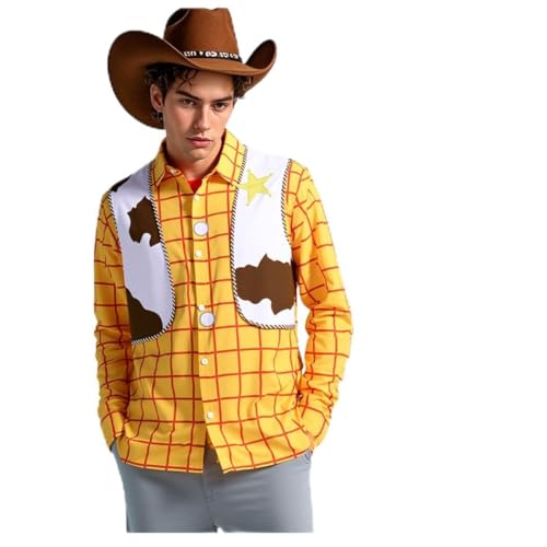 Jaugola Adult Woody Cowboy Costume Printed Vest Shirt with Neckerchief Halloween Western Themed Party Outfit Yellow L