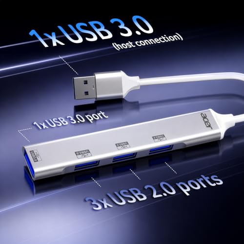 Image of Acer MultiLink 4-in-1 USB Hub with 1 x USB 3.0 & 3 x USB 2.0 Ports | Up to 5Gbps High-Speed Data Transfer | Plug & Play Portable Aluminum USB Splitter for Laptop, PC, Desktop & Compatible USB Devices