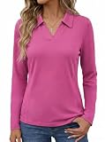 PINSPARK Camiseta Polo De Manga Larga para Mujer Suave Y Elástica Cuello En V Transpirable Ideal para Gimnasio Correr Ciclismo Y Actividades Al Aire Libre Color Rojo Fucsia Talla M