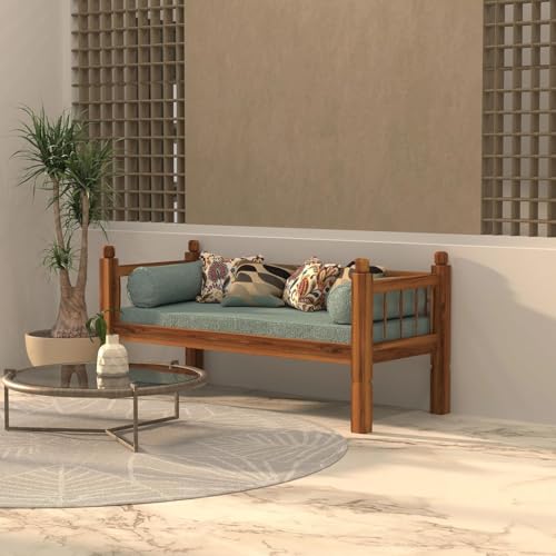 Image of Solid Sheesham Wood Sofa 2 Seater Sofa Diwan Bed for Home Living Room Wooden Couch Diwan Sofa Settee for Living Room and Office | Rosewood Three 2 Seater Sofa (Honey, 2 Seater) (2 Seater Sofa)