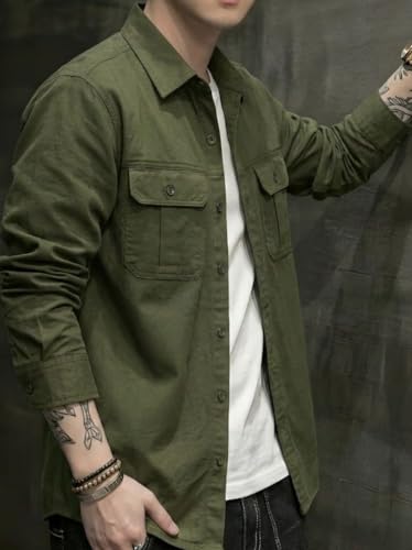 Image of SMOWKLY Men's Casual Shirt Jacket for Men | Lightweight 100% Cotton Overshirt | Full Sleeve Utility Shacket with Pockets | Stylish for Everyday Wear | Full Sleeve Button Down Shirt