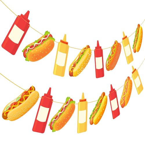 Hot Dog Banners with Ketchup and Mustard Bottles 2pcs Hotdog Birthday Party Decorations for Fast Food Theme Party Hotdog Bar Baby Shower Supplies