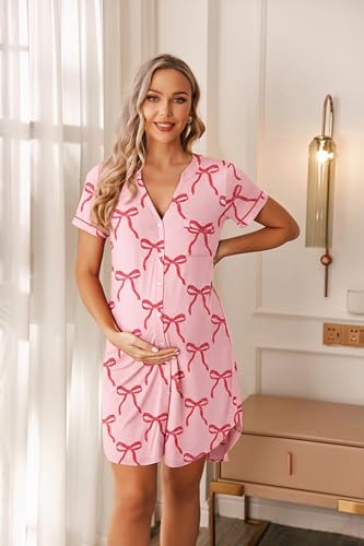 Image of Ekouaer Nightgowns for Women Button Down Night Gowns Short Sleeve Sleep Shirt V Neck Nightshirt Soft Sleepwear Pajams Dress