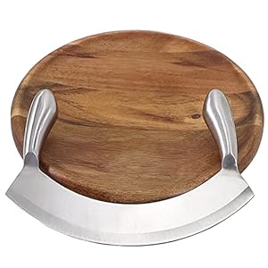 8.7 Inch Mezzaluna Knife With Wood Cutting Board – Stainless Steel Salad Chopper Rocker Pizza Cutter Rocker Knife Curved Blade Sharp Blade Double Handle Fruit Vegetable Mincing Knife
