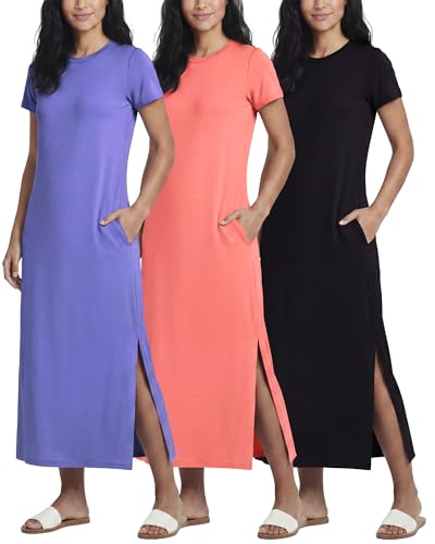 Image of Real Essentials 3 Pack Women's Casual Short Sleeve Maxi T-Shirt Dress with Slit (Available in Plus Size)
