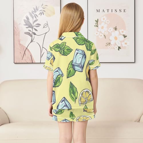 Satin Pajama Sets Short Sleeve Ice Mint Lemon Pattern Button Down Silky Nightwear 2 Piece PJS 5-14Y4