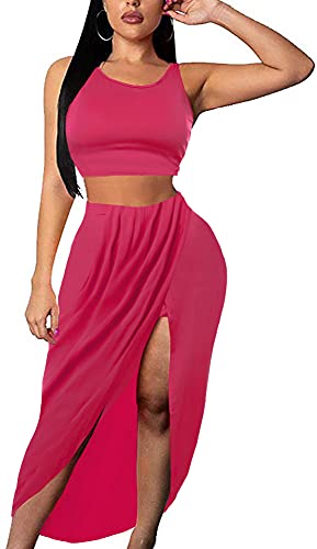 Eakliy Womens Sexy Split Wrap Skirt Tank Crop Top Long Maxi Dress Outfits 2 Piece Clubwear Evening Dress Fuchsia M
