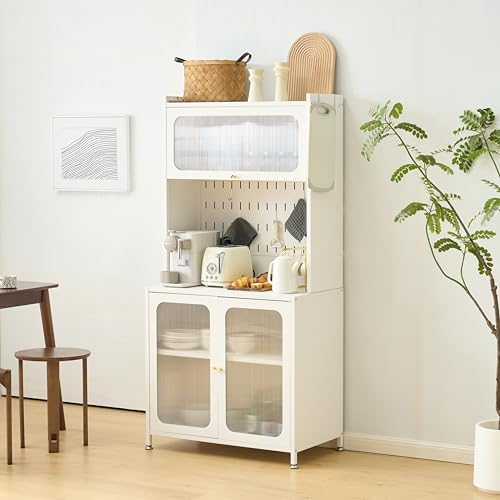 スリムデザイン ガラス扉 キッチン収納キャビネット 80cm幅 大容量 上下分離式 多機能 家庭用 食器棚 省スペース 収納ラック