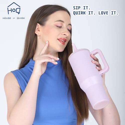 Image of House of Quirk 1200ML Tumbler with Handle & Simple Flip Straw - Car Cup Holder Friendly, Leak Resistant Stainless Steel Water Bottle with Rubber Base (Powder Pink)