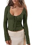 Imily Bela Womens Long Sleeve Scoop Neck Tops Going Out Crop Tops Sexy Slim Fit Blouses Lace Shirts Green