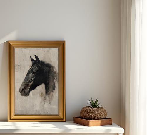 Image of NALEPS Vintage Gold Framed Black Horse Wall Art, Moody Animal Portrait Canvas Painting Picture, Antique Equestrian Decor for Office, Living Room, Bedroom, Damage-Free Ready to Hang, 12x16 in