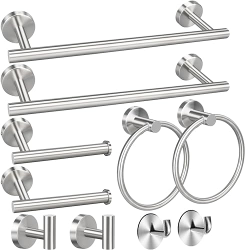 Toptowel 10 Pieces Bath Towel Bar, Includes 2 Packs 23.6 Inch Bathroom Towel Bar, 4 Packs Towel Hook, 2 Packs Towel Ring, 2 Packs Toilet Paper Holder-Brushed Silver cover