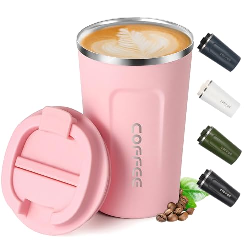 Shunshi Travel Mugs, 380ml Pink - Insulated Coffee Cup with Leakproof Lid - Keeps Hot/Cold 4-6 Hours - Stainless Steel, 1537.23 cm³