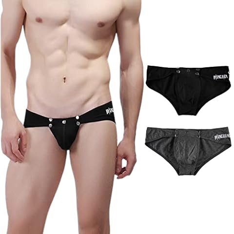 Akkad Kuti Mens Cotton Underwear Briefs Bikini Sexy Lingerie Skull Pattern Panties with Snap Button, Black Gray, Large Cover