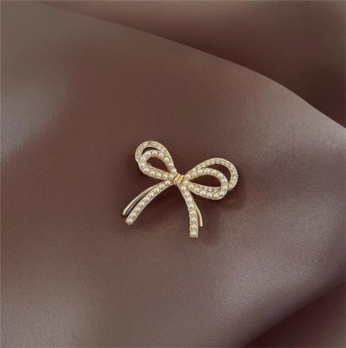 Image of Bow Knot Brooch Rhinestones Pearl Bow Lapel Pin Alloy Pearl Brooch Satin Ribbon Bow Badge Women's Dress Shawl Sweater Decoration