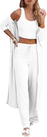 Fessceruna Womens Pajamas Set Fall Winter 3 Piece Loungewear Set Crop Top Loose Pants Cardigan