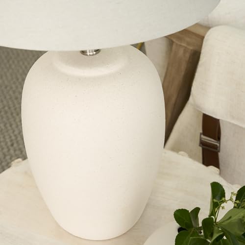 Image of Nourison Home 23 inch Natural White Ceramic Jar Table Lamp for Bedroom, Living Room, Dining Office, with Off-White Shade