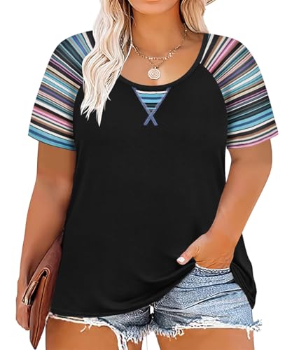 Image of CARCOS Plus Size Tops for Women Short Sleeve Shirt Summer Star /Leopard /Tie Dye /Flower Crewneck Pullover Tunic XL-5XL