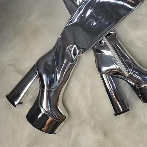 chunky heel Black White Red yellow knee high boots Platform Stretch boots Round toe Side zipper Sexy Super high heel hot pink shoes for women unisex3