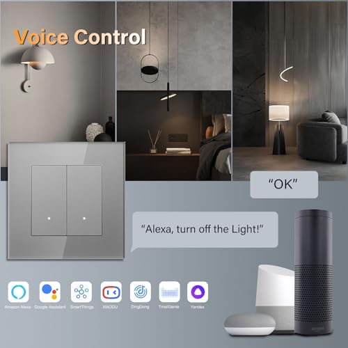 BSEED Lichtschalter Glas Smart WiFi Wechselschalter Aufputz Unterputz Compatibel mit Google Home und Alexa Neutrale Leitung Benötigt, 2 Fach 1 Weg, 86mm Grau