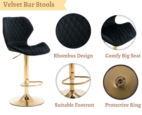 Ealson Velvet Bar Stools Set Of 4 Counter Height Barstools With Back Swivel Bar Chairs With Gold Base Modern Adjustable Kitchen Island Stools For Home Bar/Dining Room, Black #TOP3