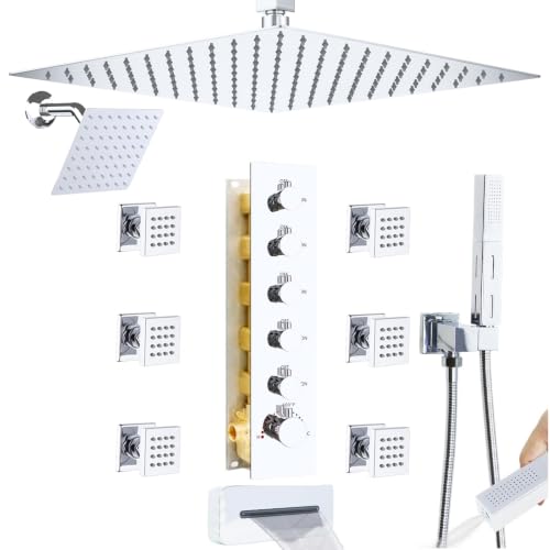 Sistema de Ducha Termostático de Doble Cabezal con Chorros Corporales, Cabezal de 16" de Techo y Cabezal de 6" de Pared con Grifo para Bañera, 5 Funciones que Pueden Operar Simultáneamente, Acabado Cromo miniatura 1