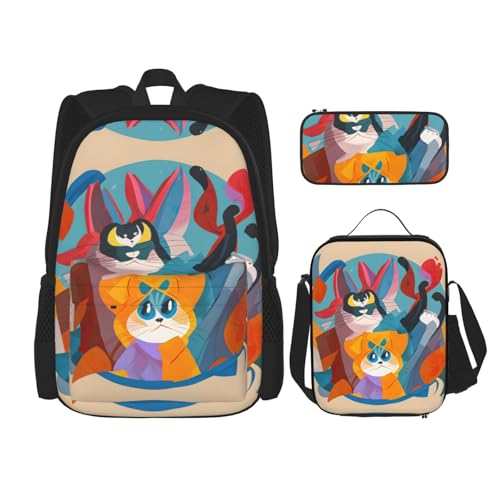 Lovely Cartoon Cats Print 3 Piece Backpack Set, Laptop Daypack, Lightweight Bookbag Set With Lunch Bag Pencil Case