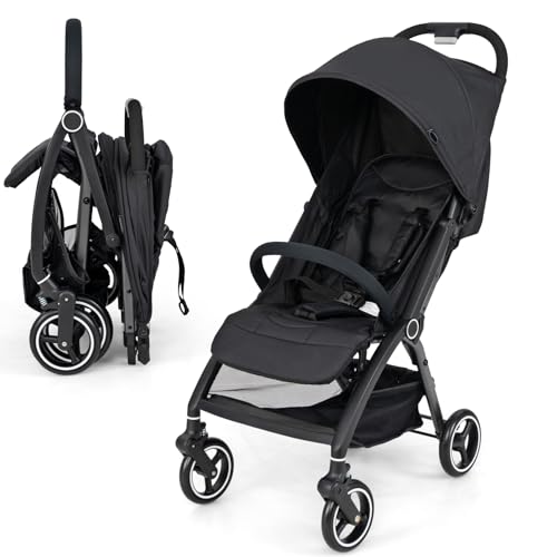 Image of GYMAX Baby Stroller, Foldable Toddler Pushchair with Adjustable Backrest, Canopy and Calf Support, Storage Basket, Baby Buggy Pram Carriage for 0-3 Years Old Infant Kids (Black)