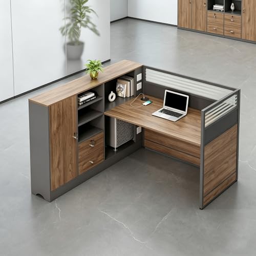 Modern Office Workstation Desk with Side Storage Cabinet, Tempered Glass Privacy Panels, USB Charging Hub & Cable Management, Modular Cubicle Desk for Office Work (C - Left, 1P)