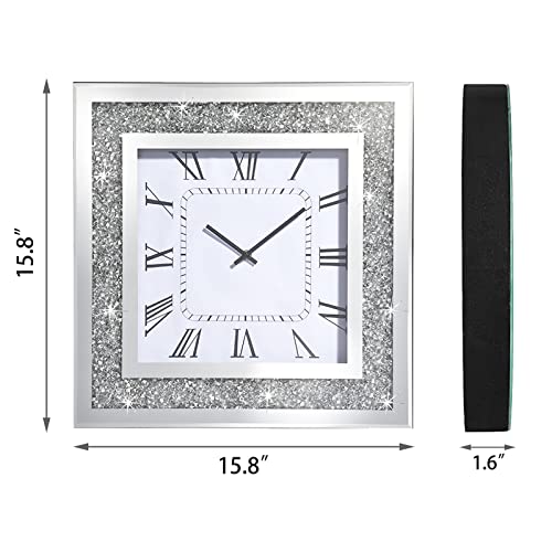 Hmrcyte Crystal Glass Wall Clock, 15.8" Silver Square Large Crushed Diamond Mirror Silent Wall Clock, Luxury Wall Clock For Living Room Bedroom School Home Office Decor,Aa Battery Not Included #TOP1