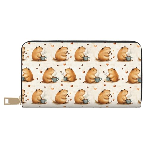 Leather Thin Slim Wallets for Women Men - Fashion Coffee Capybara Print Card Wallet Holder with Zipper