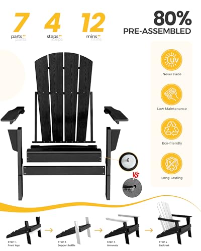 Image of Folding Adirondack Chair Set of 2, Lightweight-Portable HDPE Patio Chair, All-Weather Space-Saving Foldable Fire Pit Seating for Camping, Backyard, Deck-Black