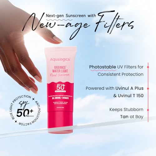 Image of Aqualogica Radiance+ Water Light Fluid Sunscreen - 25g | SPF 50+ PA++++ | In-Vivo Tested | New-age Filters | Ultra-Light Fluid Texture | For Bright & Radiant Skin | Fragrance-Free & No White Cast | 2% Nia-Hyaluron Complex | Broad Spectrum UVA /B & Blue Light Protection | Lightweight | Travel Friendly | For Men & Women | Trial Pack | Convenient for Use