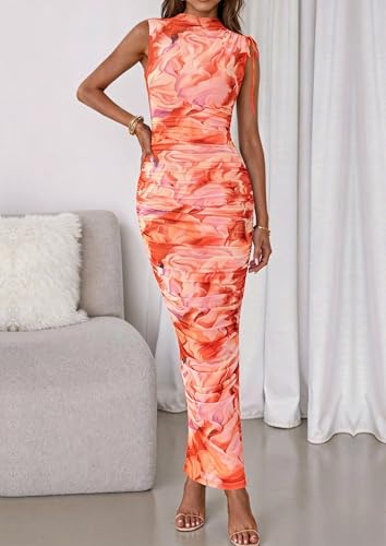 Image of PRETTYGARDEN Women's Summer Maxi Dresses Ruched Bodycon Split Long Dress | Mock Neck, Sleveless, Floral Mesh Dress, Cocktails Dress for Wedding Guest, Party, Summer Outfits 2026