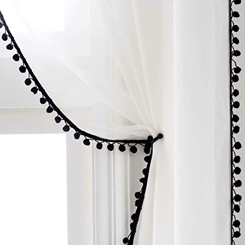 Selectex Linen Look Pom Pom Tasseled Sheer Curtains - Rod Pocket Voile Semi-Sheer Curtains for Living and Bedroom, Set of 2 Curtain Panels (52 x 63 inch, White Sheer & Black Pom Poms)