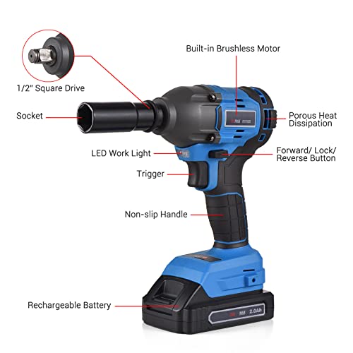 fengny Chave de impacto sem escova sem fio de 20V com mandril de 1/2in Velocidade variável 350N.m To