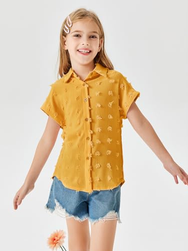Image of Haloumoning Girls Button Down Shirts Short Sleeve Kids Casual Chiffon Blouse Summer Tops T-Shirt