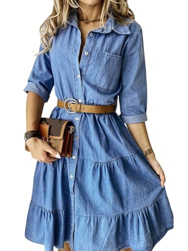 utcoco Womens Button Down Denim Dress Casual Loose Fit Cuffed Sleeve Ruffled Jean Dresses for Women 2025(no Belt)