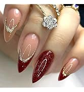 Medium Press on Nails Almond Burgundy French Tip Fake Nails Press ons Silver Glitter Glue on Nail...