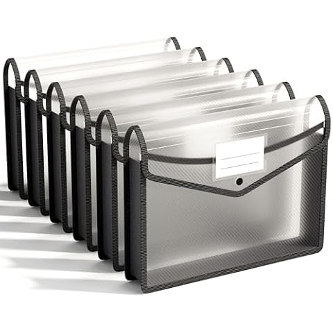 ABC life 6 Pack Plastic Expanding File Folder, Folders for Documents with Snap Closure, Black File Folder Organizer Holder, Transparent Accordion File Pouch,Large Capacity, Fit Letter/A4 Size Cover