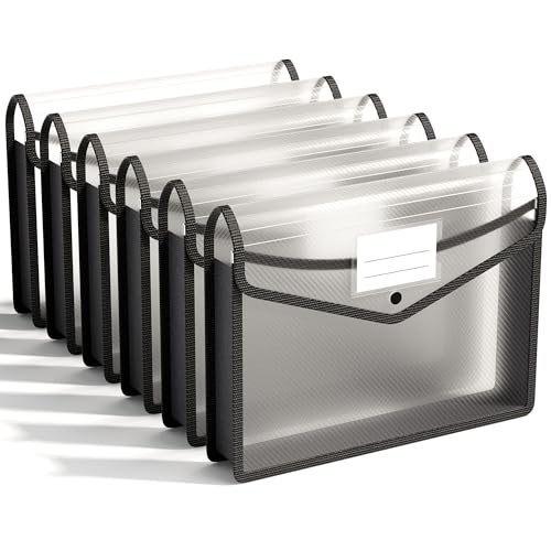 ABC life 6 Pack Plastic Expanding File Folder, Folders for Documents with Snap Closure, Black File Folder Organizer Holder, Transparent Accordion File Pouch,Large Capacity, Fit Letter/A4 Size - Black