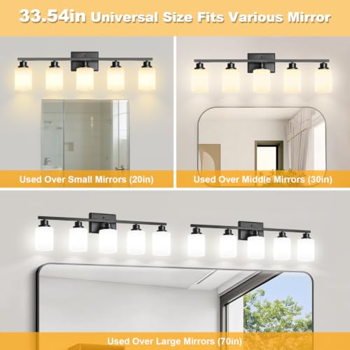Image of Unicozin 5-Light Bathroom Light Fixtures, Modern Black Vanity Light Over Mirror, Wall Sconces with Milky White Glass Shades for Living Room Bedroom Hallway E26 Base