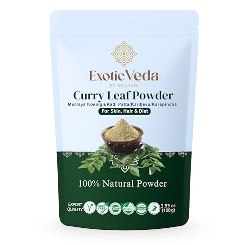 Exotic Veda Curry Leaf Powder – 100% Natural Kadi Patta (Murraya koenigii) | Vegan, Non‑GMO, Additive‑Free Indian Spice | Rich in Antioxidants & Nutrients for Cooking, Hair & Skin Benefits – 100 g (3.53 oz)