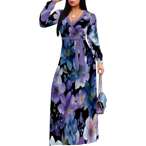 Image of PinkPatty Women's Print Maxi Dresses 3 /4 Sleeve Flowy Long Dress V Neck Wrap Tie Waist Sundress