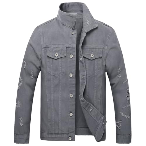 Image of LZLER Men's Denim Jackets Distressed Destroyed Classic Vintage Slim Fit Ripped Fashion Trendy Trucker Jean Jackets