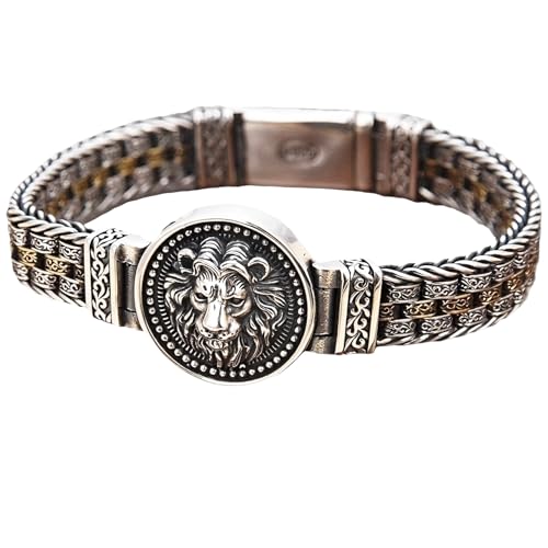 Italian Handmade Sterling Silver Mens Bracelets | Solid S925 Chain Bracelets | Men's Silver Bracelet Gift for Dad, Boyfriend, Son, My Man (8.6'' Lion Circular Vintage)