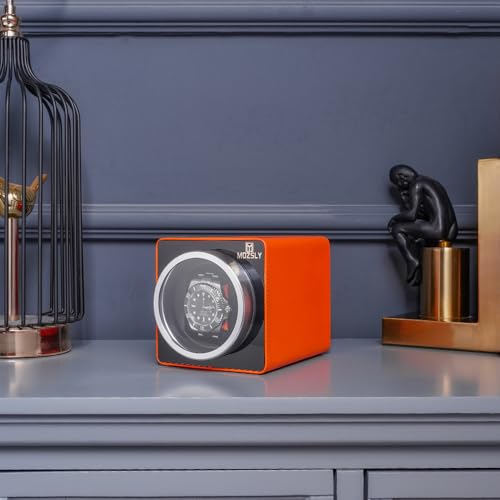 Image of MOZSLY Watch Winder for Automatic Watches Single Rotating Watch Box with Quiet Motor 12 Rotation Mode Setting Battery Powered or AC Adapter PU Leather
