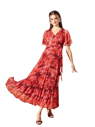 Image of Miss Chase Women's Floral V-Neck Flutter Sleeve Wrap Chiffon Maxi Dress