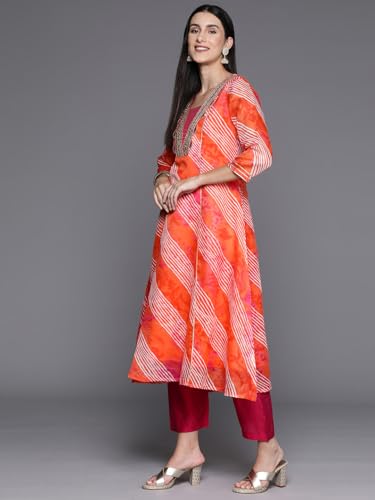 Image of Varanga Women Anarkali Kurta Pant Set with Dupatta | Cotton Blend | V-Neck | 3 /4 Sleeve | Calf Length |Casual Wear