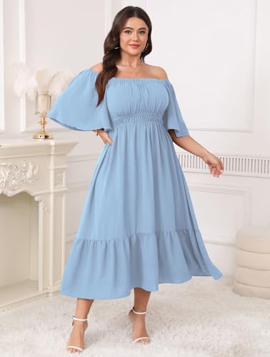 Image of CICIDUDU Plus Size Smocked Maxi Dresses for Curvy Women Square Neck Flowy Casual Summer Wedding Guest Dress